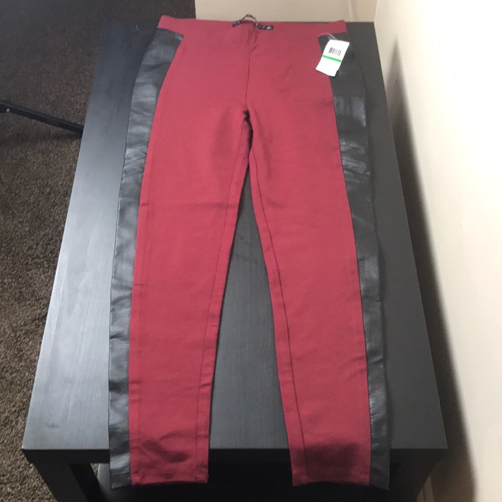 Maroon and Black Leggings w/ Leather Detail